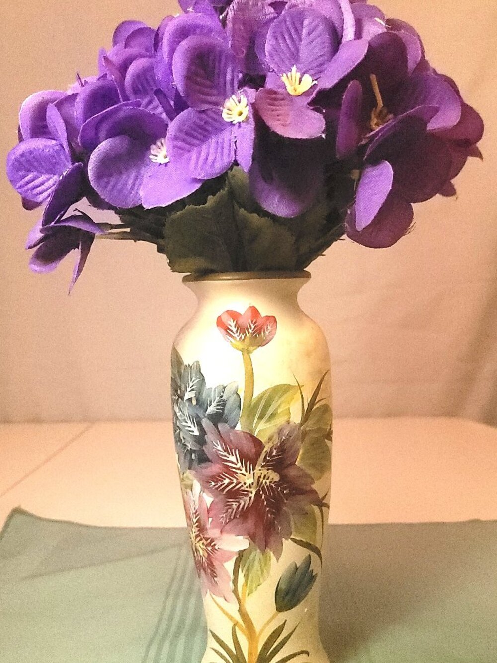 1970 Hand Painted Japanese Ceramic Vase Faux Purple Hydrangeas 8 Inch